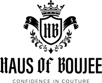 Logo of Haus of Boujee with decorative elements and text on a white background